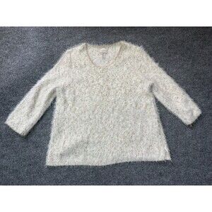 Chicos Sweater Womens Size 2 White Gold Faux Fur Long Sleeve Pull Over